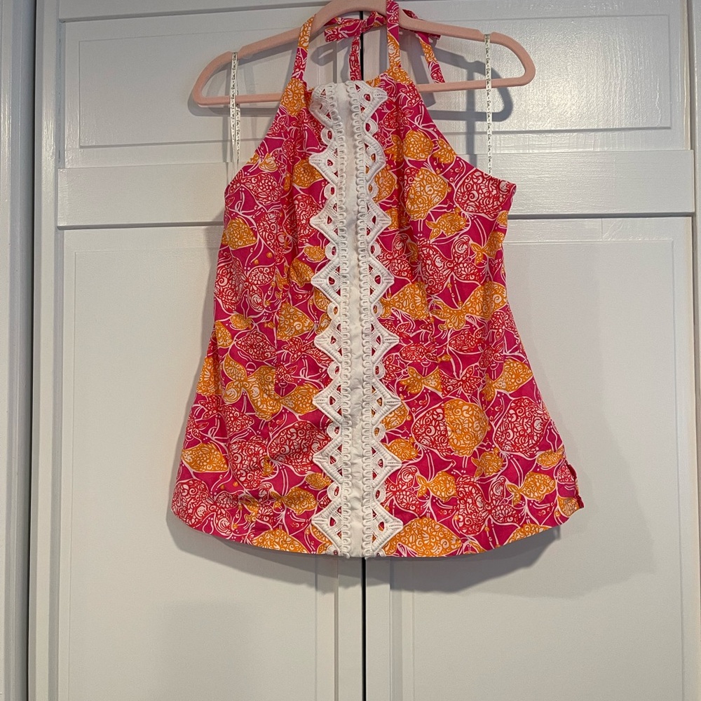 Lilly Pulitzer Pink and Orange Embellished Halter Tank Top